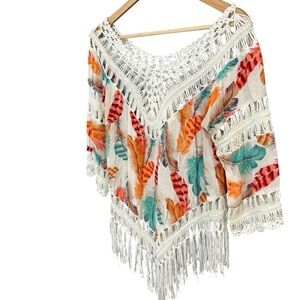 Feather Print Fringe Poncho M unfortunately no brand cotton blend EUC